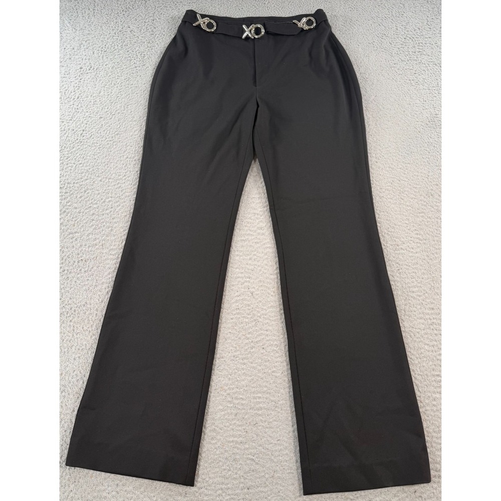 Vertigo Paris Pants Women's 10 Black Straight Leg XO Silver Buckle Trousers Zip